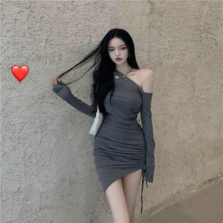 đầm body lệch trễ vai tay dài chéo nhọn tà chất thun gân đẹp