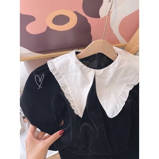 Đầm nhung đen phối cổ nhọn trắng (Freesize)