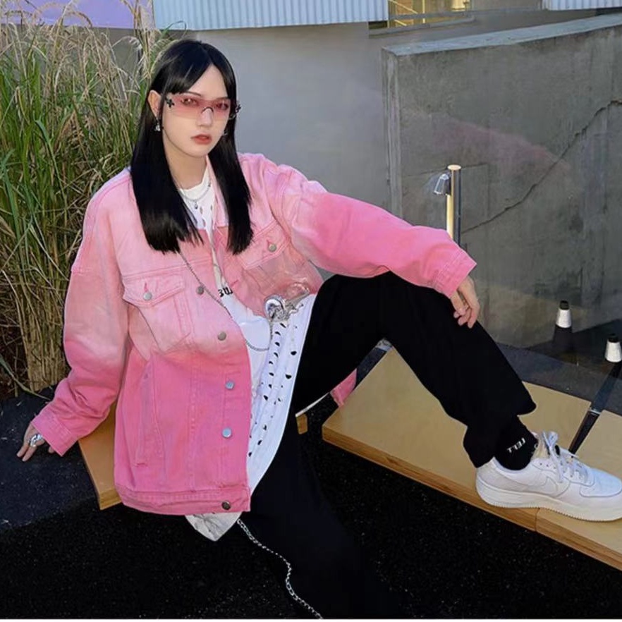 Áo Khoác Denim Dáng Rộng Màu Nhuộm Gradient Thời Trang Thu Đông Cho Nữ