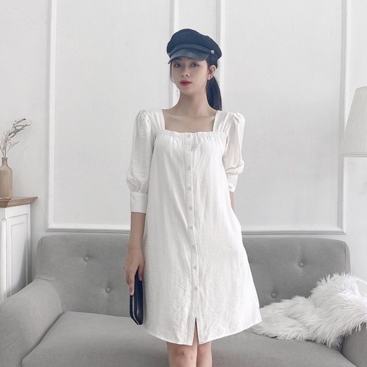 Đầm Suông Nữ NHẬT VY Cổ Vuông Tay Bồng Màu Trắng, Tím - D1426