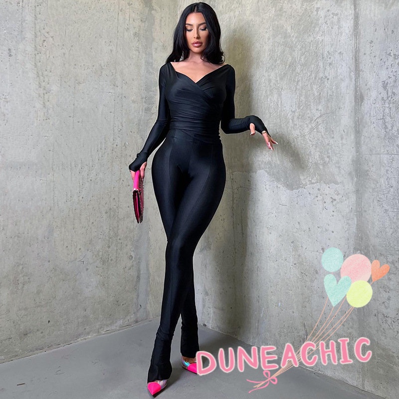 DUNEA Set đồ 2 món gồm áo thun tay dài cổ chữ V và quần dài màu trơn ôm dáng cho nữ