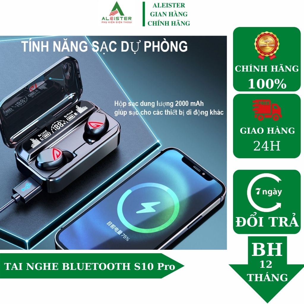 Tai nghe bluetooth  AleisterV5.2 S10 Pro cao cấp, cảm ứng vân tay, hỗ trợ đàm thoại, nghe nhạc 10h, sạc dự phòng 2200mAh