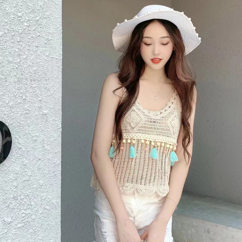 Áo Tank Top Dệt Kim Phối Tua Rua Gợn Sóng Thời Trang Mùa Hè Cho Nữ