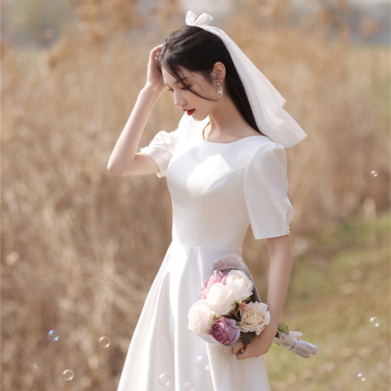Váy cưới Pháp Đơn giản Tay ngắn Cô dâu Kết hôn với Tuần trăng mật Ảnh du lịch Áo trắng Chủ nhà Sinh viên Phù dâu Đầm dự tiệc
