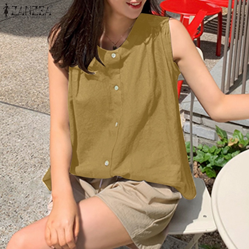 Áo kiểu ZANZEA cộc tay cổ tròn dáng suông cài nút phía trước cho nữ