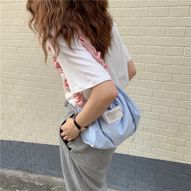 Túi Xách Đeo Dưới Cánh Tay Hình Vuông Bằng Vải Nhung Kẻ Sọc Màu Tương Phản Kiểu Retro Dễ Thương Cho Học Sinh Nữ