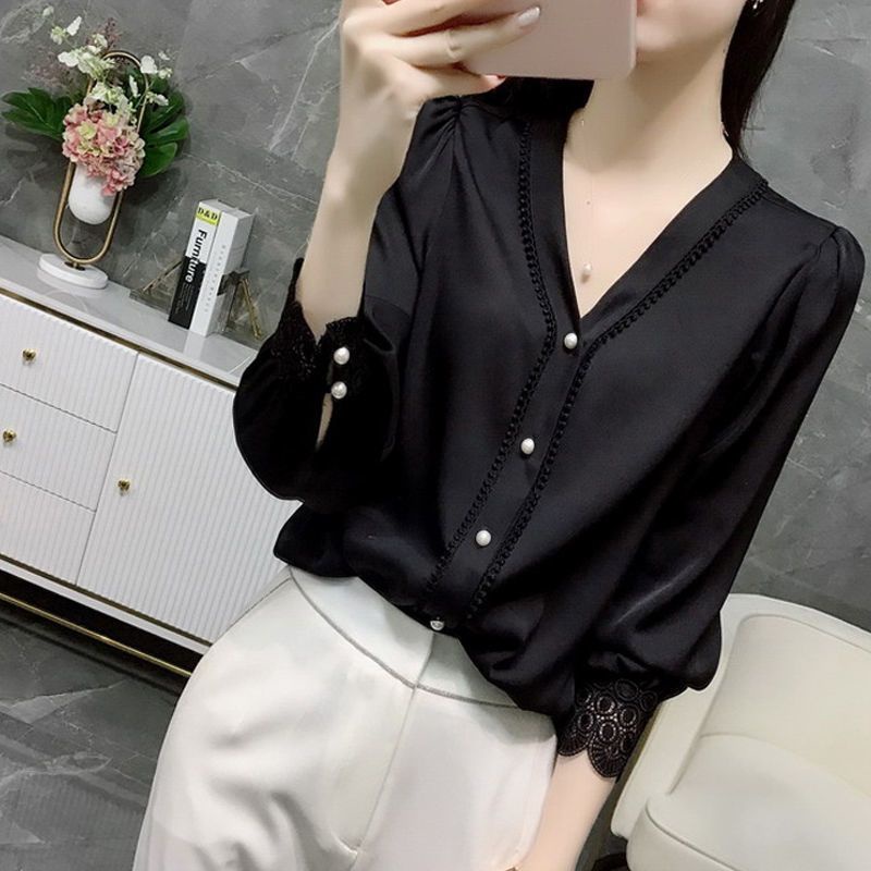 Áo Sơ Mi Chiffon Tay Dài Cổ Chữ V Phối Ren Màu Trắng Cài Nút Thời Trang Mùa Thu Hàng