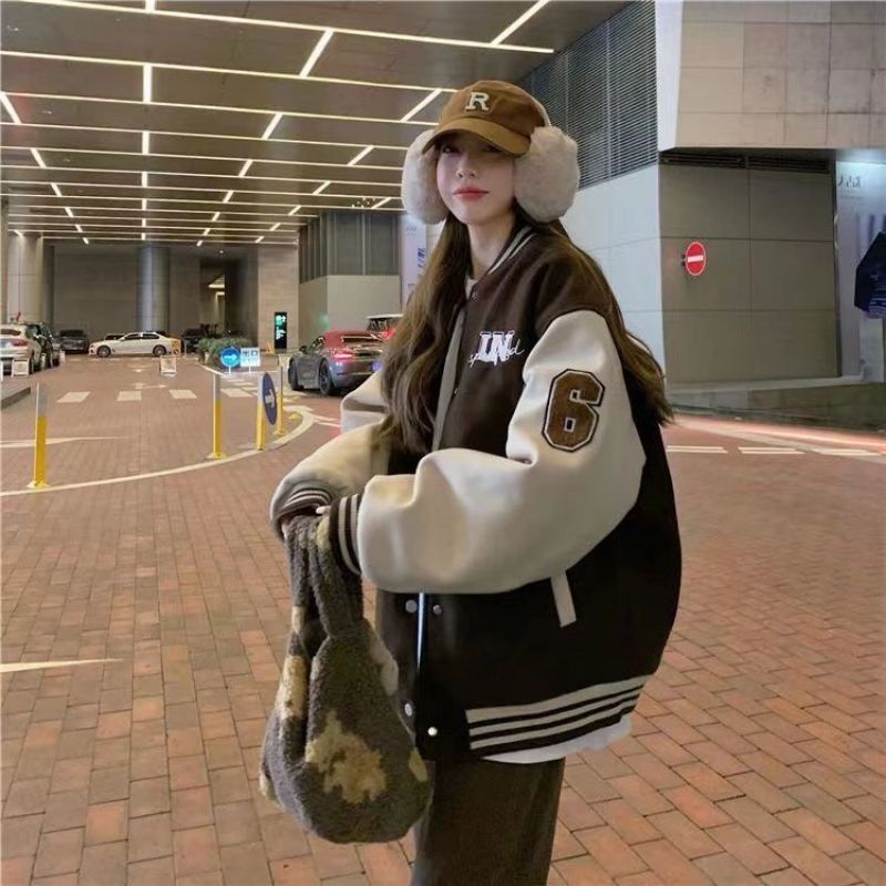 Áo khoắc bomber nam nữ phối hai màu nâu trắng