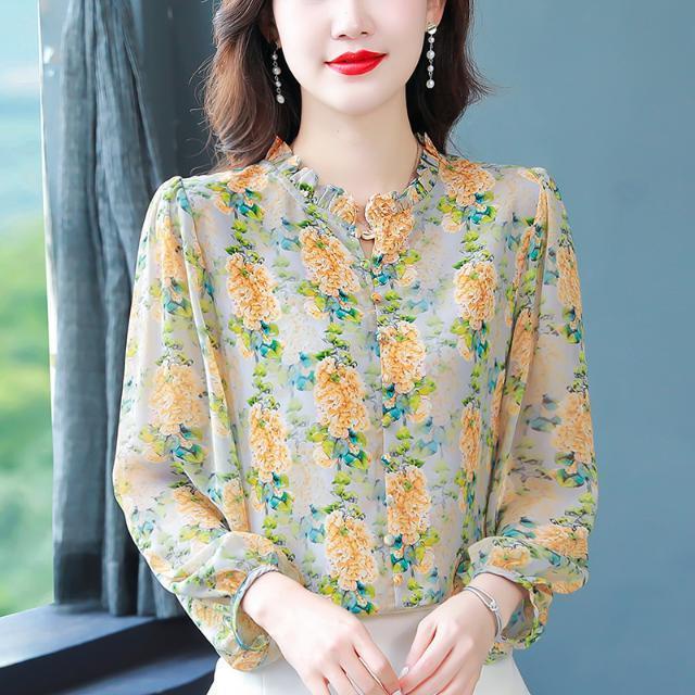 Áo Sơ Mi Chiffon Dài Tay In Họa Tiết Đơn Giản Thời Trang Hàn Quốc