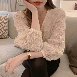 2022 New Spring and Autumn V-neck Lace Bottoming Shirt Women's Bubble Sleeve Inner Wear French Style Temperament Lace Long Sleeve Top #8