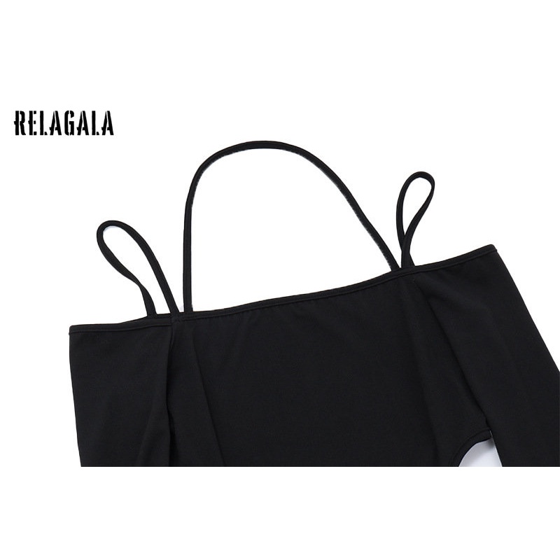 Relagala Bộ Áo Liền Quần Dài Tay Hai Dây Màu Trơn Gợi Cảm Thời Trang Cho Nữ