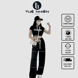  Set đồ nữ áo croptop đen cổ tròn tay ngắn dây cột eo quần ống suông cá tính - Tuệ Nhiên 