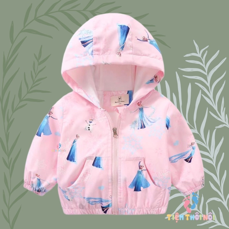 Áo Gió Hai Lớp Khóa Kéo Họa Tiết Elsa, Hello Kitty Có Mũ Cho Bé Gái