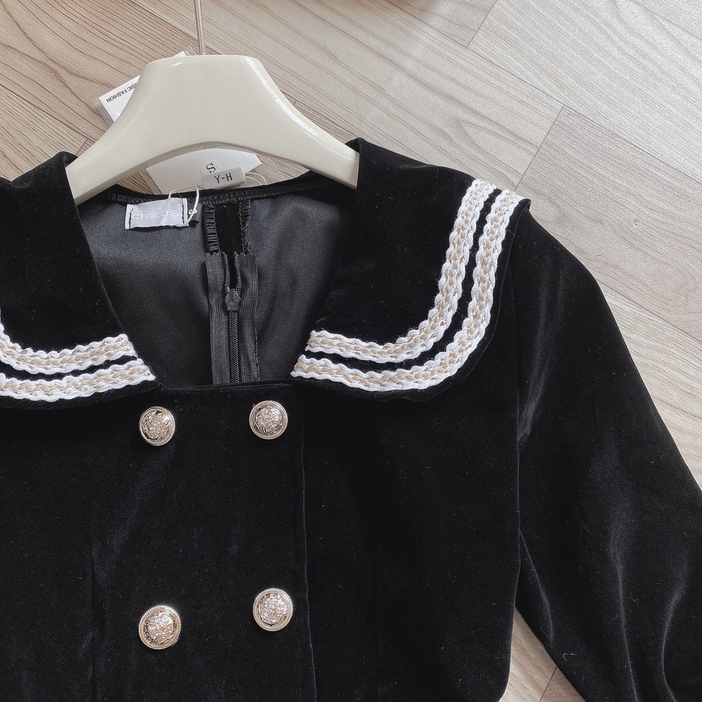 [Hàng Shop]: Váy Nhung 2 Tầng Dáng Xoè Cổ Bẻ Khuy Đồng Tay Dài