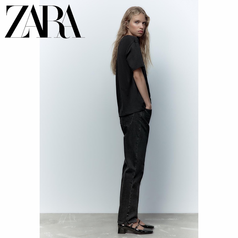 Zara Áo Thun Tay Ngắn Cổ Tròn Thêu Hình Thời Trang Thu Đông Cho Nữ