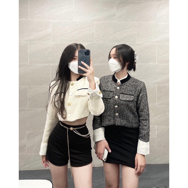 Áo dạ tweed croptop và dáng lửng hàng L1 cao cấp 3 màu trắng, da cá, đen