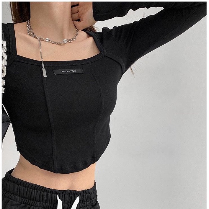 Áo Croptop Tay Dài PINKSTORE29 Ôm Body Vạt Bầu Cổ Vuông Kèm Tag A5453