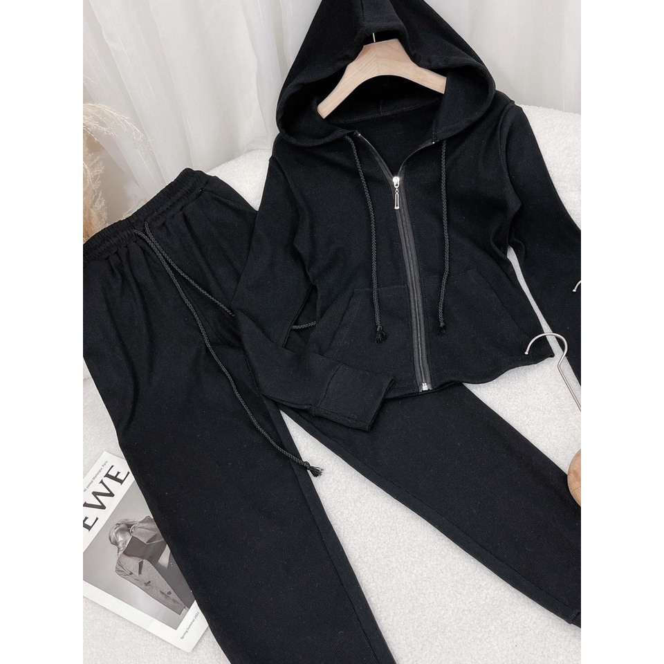 SET ÁO KHOÁC NÓN DÂY KÉO + QUẦN ỐNG TÚM LƯNG THUN 2 MÀU (TH)