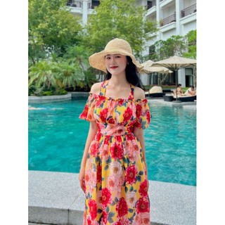 (Ảnh thật shop chụp), Đầm hoa 2 dây cột vai, hàng thiết kế vải form đẹp ( Có mút ngực)