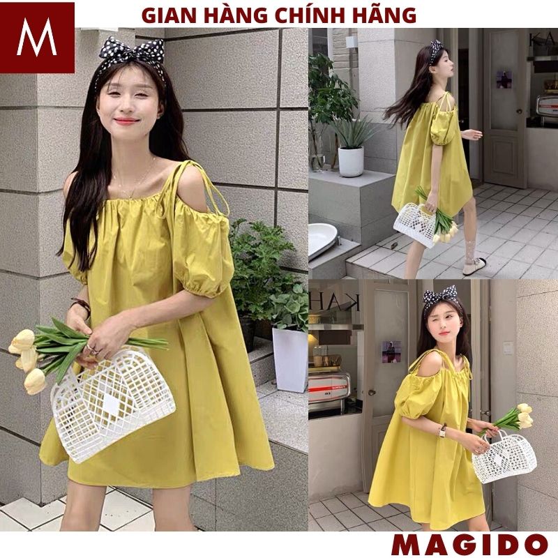 Váy babydoll nữ 2 dây trễ vai tay bồng dễ thương- Đầm maxi nữ đi biển màu xanh cốm basic ULAZANG hàn quốc - MAGIDO