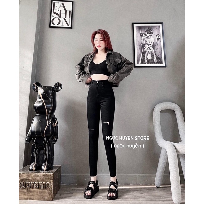 Jeans dài lưng cao co giãn rách pT