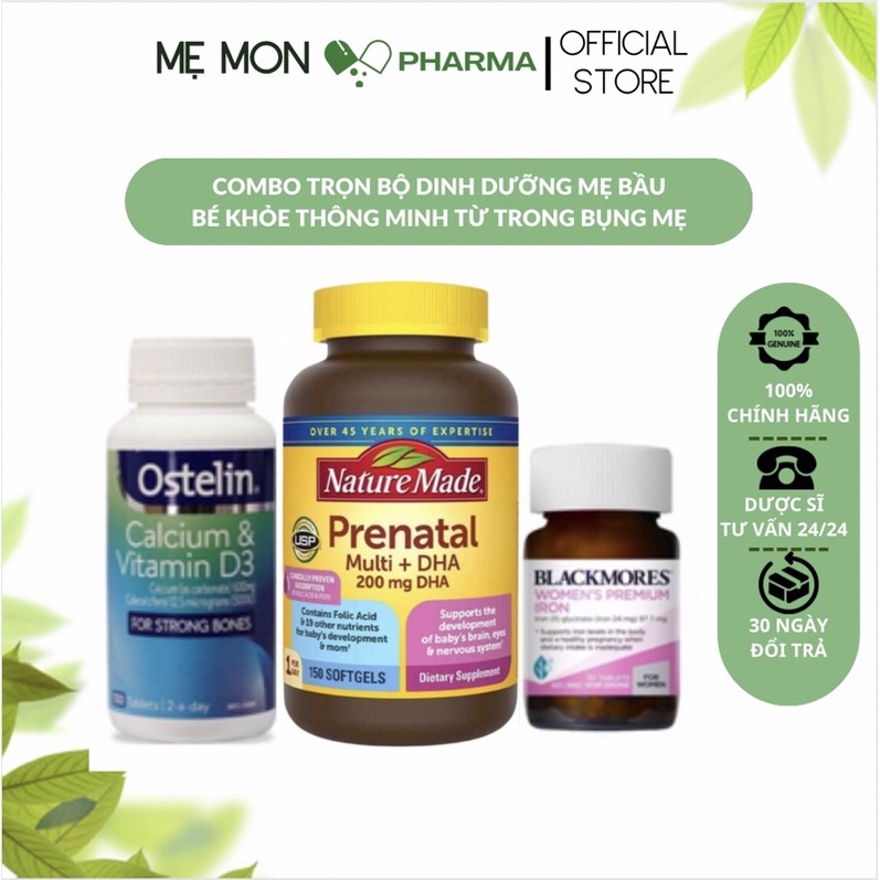 Combo Trọn Bộ Dinh Dưỡng Mẹ Bầu-Viên Sắt Iron Blackmores,Calcium Vitamin D3 Ostelin,Vitamin Bầu Prenatal Multi+DHA