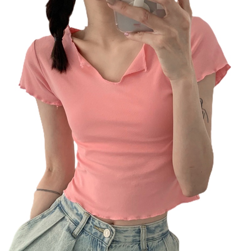 Áo Thun Crop Top Tay Ngắn Cổ Chữ V Khoét Sâu Màu Trơn Thời Trang Cho Nữ