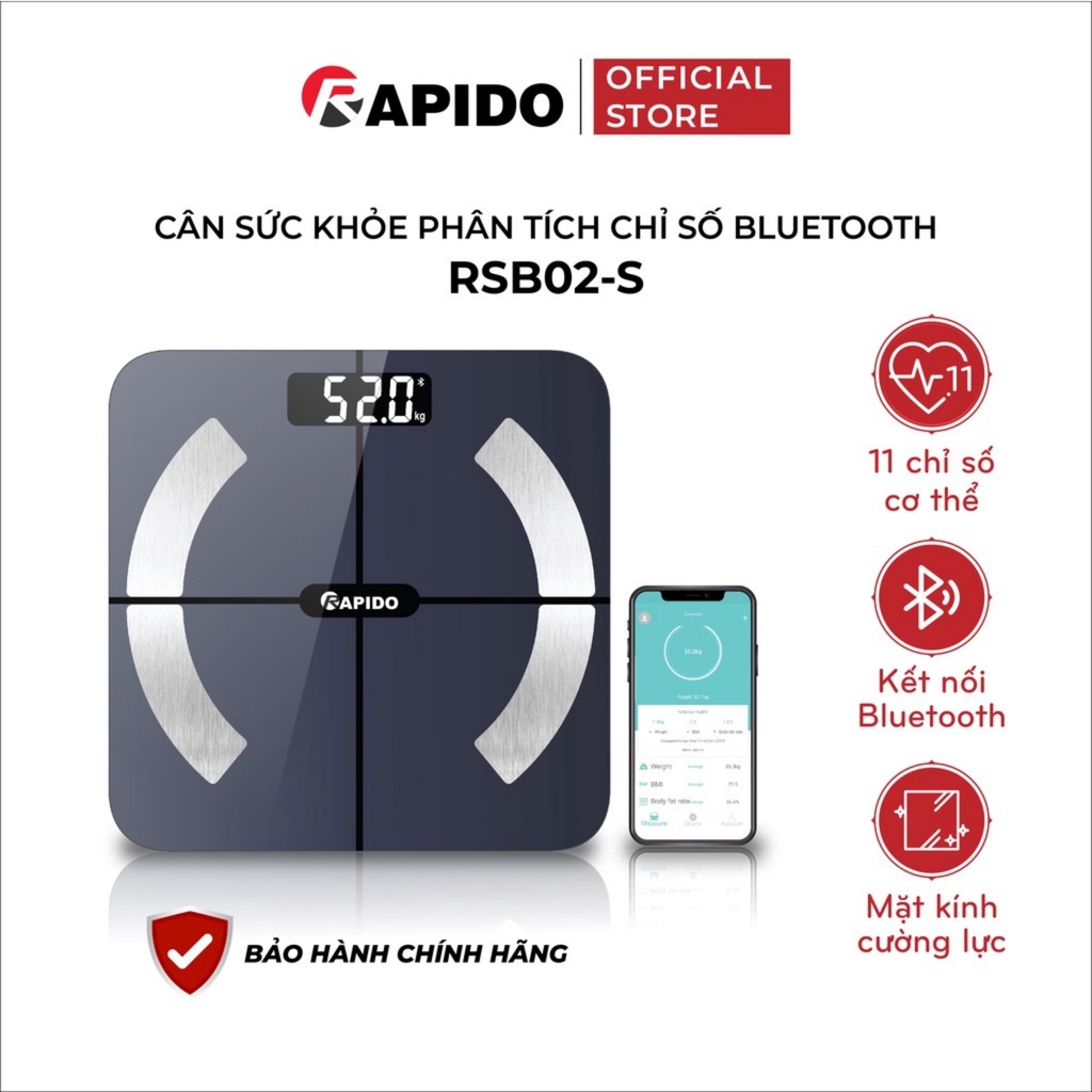 Cân điện tử Rapido RSB02-S kết nối bluetooth, đo 10 chỉ số sức khoẻ toàn diện, phù hợp mọi gia đình, BH 12 tháng