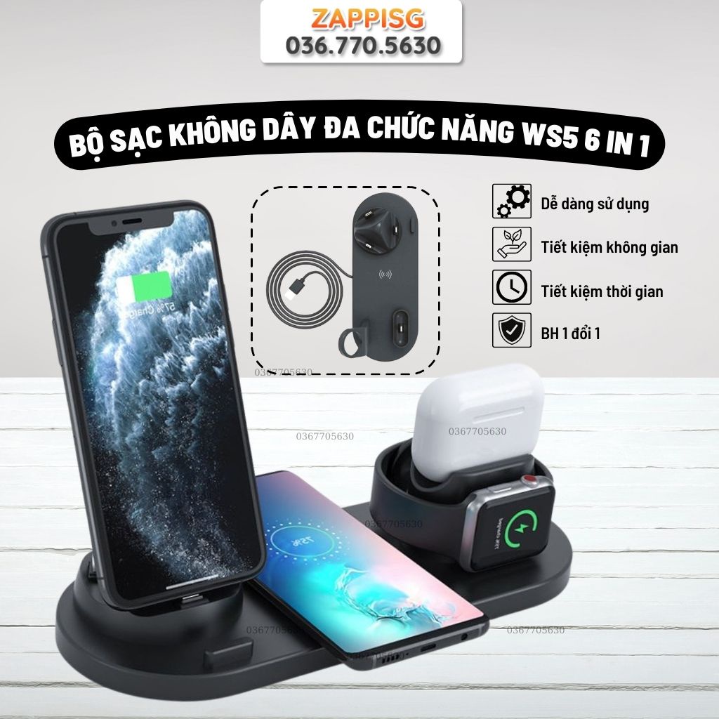 Đế Sạc Đa Năng, Đế Sạc Nhanh Không Dây Iphone 6 in 1, Bộ sạc không dây đa chức năng WS5 6 in 1