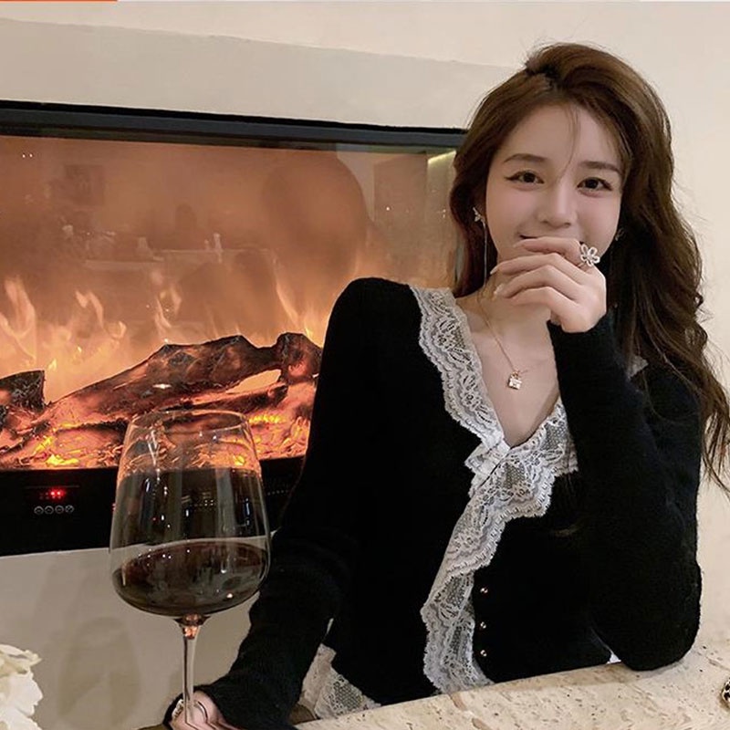 Áo Dệt Kim Phối Ren Phong Cách Hàn Quốc Thời Trang Cho Nữ