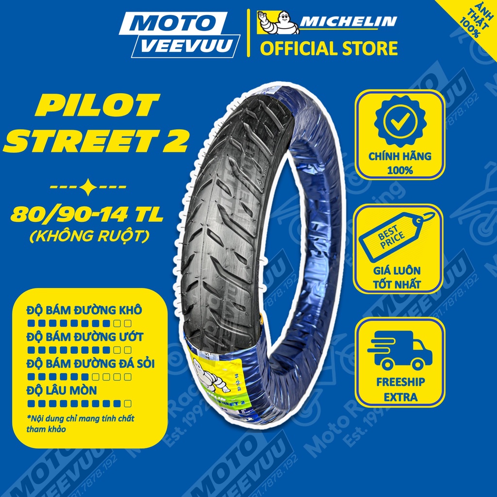Vỏ lốp xe máy MICHELIN 80/90-14 TL Pilot Street 2 (Lốp không ruột)