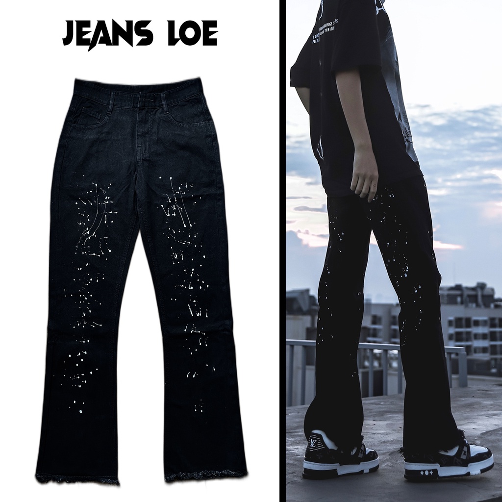 Quần jean ống loe DUSTY STUDIO jean đen vảy sơn rách gấu ( Flare Jeans )