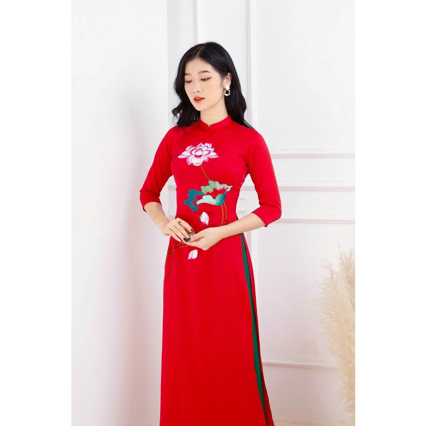 ÁO DÀI LỤA TÂY THI THÊU HOA TRUYỀN THỐNG CÁCH ĐIỆU KÈM QUẦN MÀU ĐỎ HÀNG LOẠI 1 MAY SẴN NHIỀU MẪU