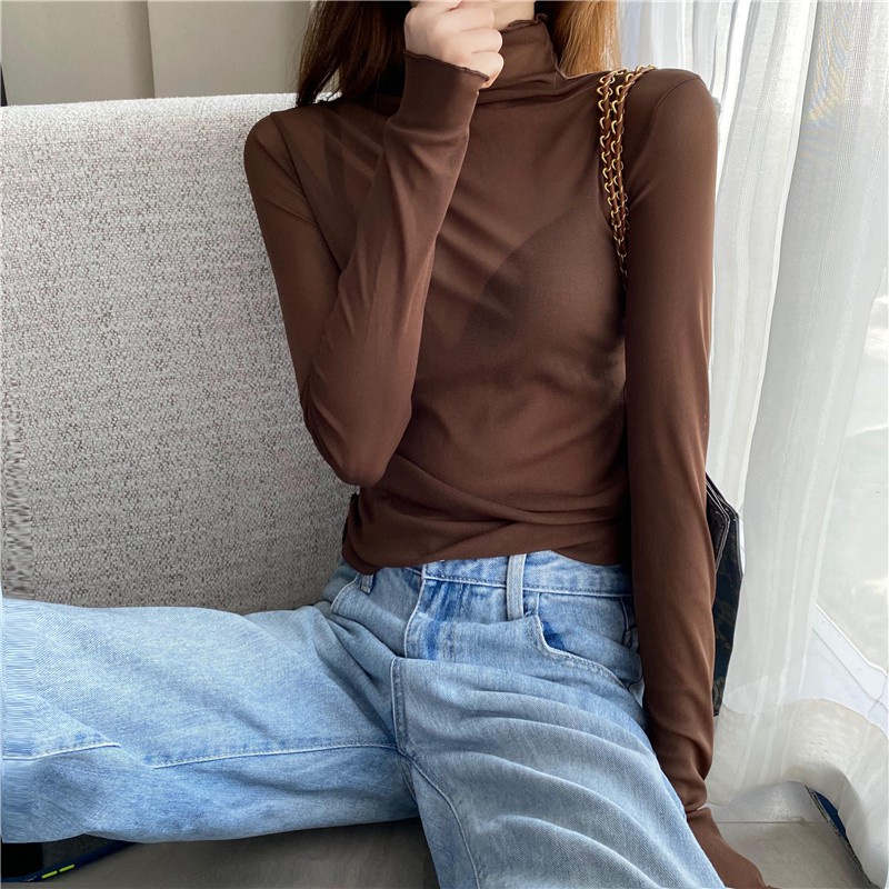 Áo lưới xuyên thấu tay dài cổ cao thời trang cho nữ MS12