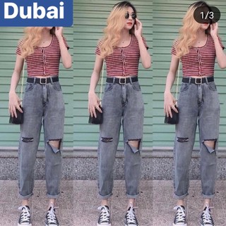 Quần baggy nữ màu xám rách gối ống suông siêu hot - db 21- dubai fashion