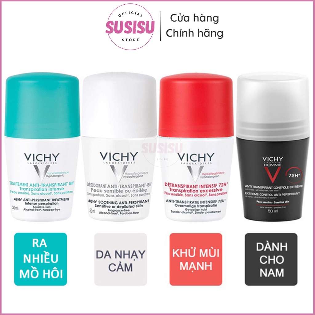 Lăn khử mùi VICHY Deodorant Anti-Transpirant khử mùi 24h Vichy 50ml cho da nhạy cảm (trắng 24h, xanh 48h, đỏ 72h)