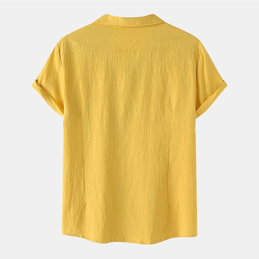 Áo Sơ Mi Polo Vải Lanh cotton Trơn Cổ Bẻ Cài Nút Có Túi Màu Trắng / Đen / Vàng / Xanh Lá Quân Đội Thời Trang Mới 2022 Cho Nam