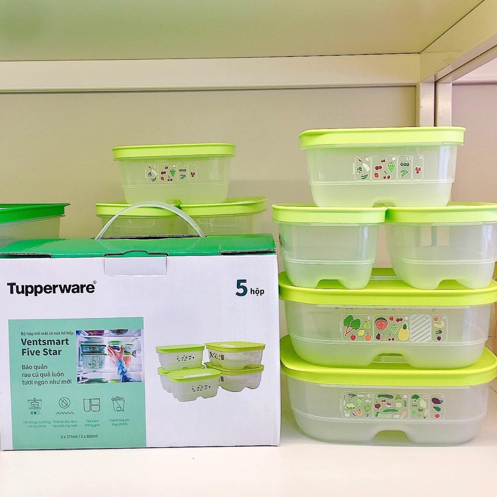 Hộp trữ mát Ventsmart Tupperware nút hô hấp Five Star set 5 cao cấp lẻ 375ml 800ml nhựa nguyên sinh