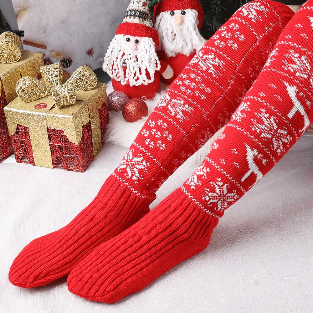 Đôi Tất Chân Len Dài Qua Gối Họa Tiết Giáng Sinh Thời Trang Cho Nữ
