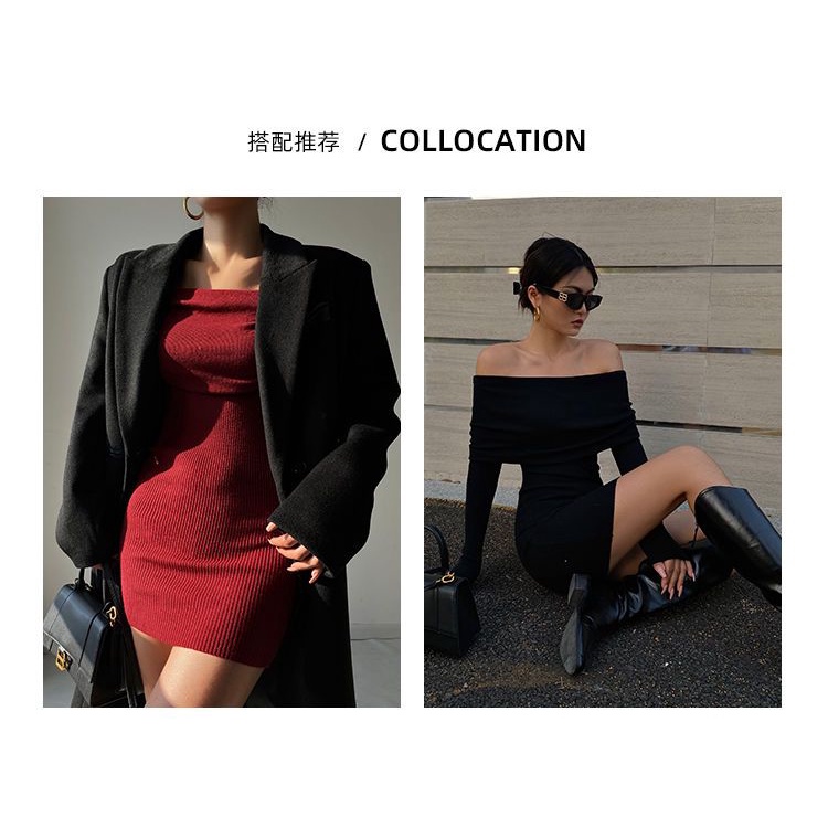 One Đầm Trễ Vai Dài Tay Phong Cách Retro Nữ Tính