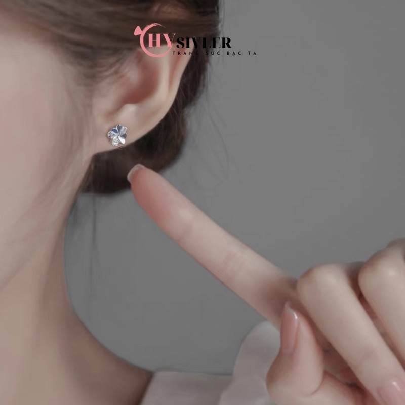 Bông tai bạc ta cỏ 4 lá may mắn đính đá bông tai hoa 4 cánh bông tai nữ bạc thật giá rẻ CHY SILVER