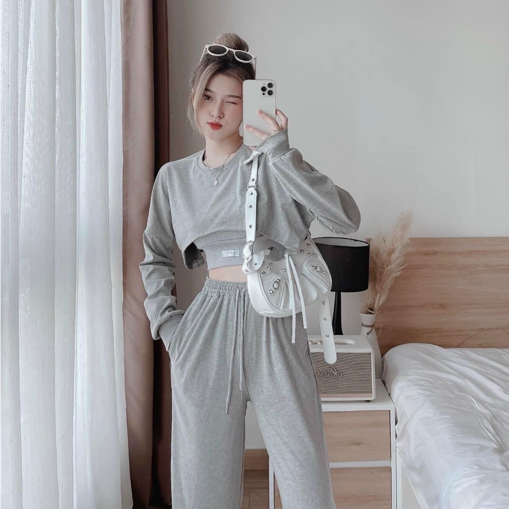 [10.10 Sales Freeship] Set bộ thể thao nữ quần dài 3 món, set áo tay dài croptop quần suông nhiều màu trẻ trung