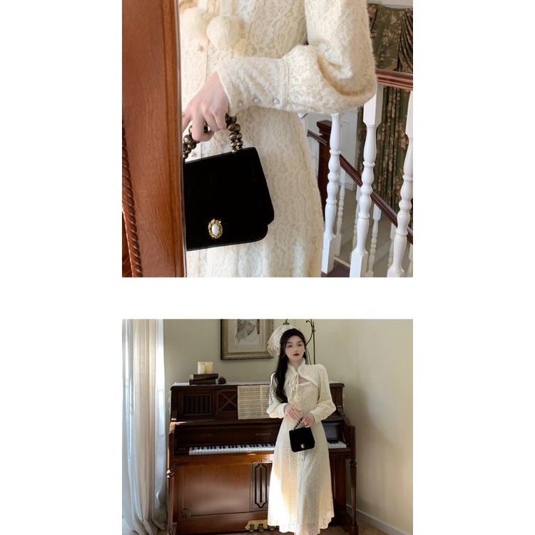 Đầm Ren Dáng Dài Chiết Eo Phong Cách Retro Cao Cấp