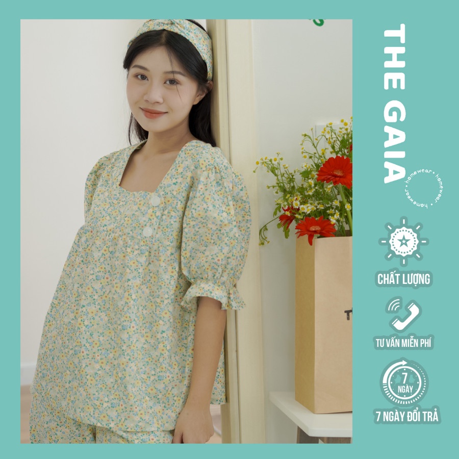 Bộ pyjama nữ mặc nhà THE GAIA cổ phối ren áo cộc tay quần dài chất liệu vải thô cotton hoạ tiết hoa