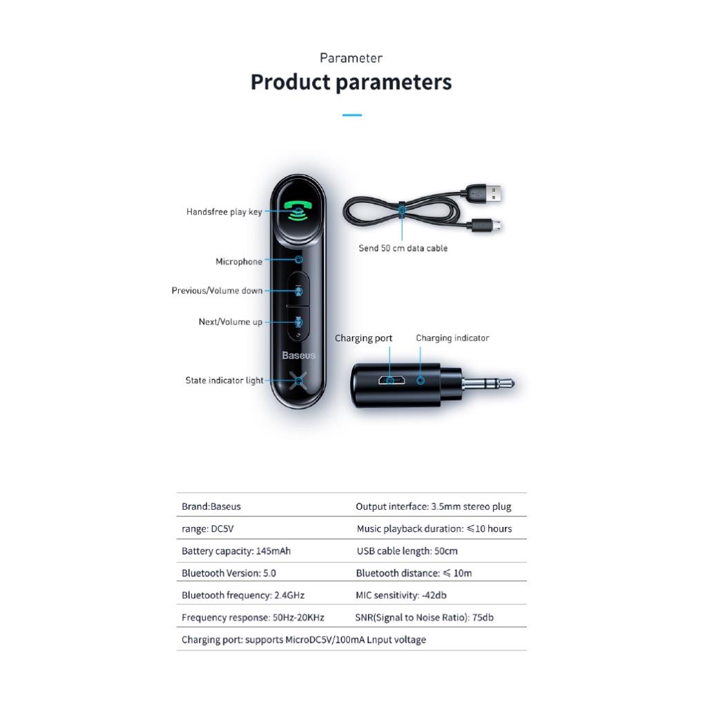 Đầu thu phát tín hiệu/ nhạc không dây Bluetooth Baseus tích hợp giắc cắm 3.5mm cho xe hơi