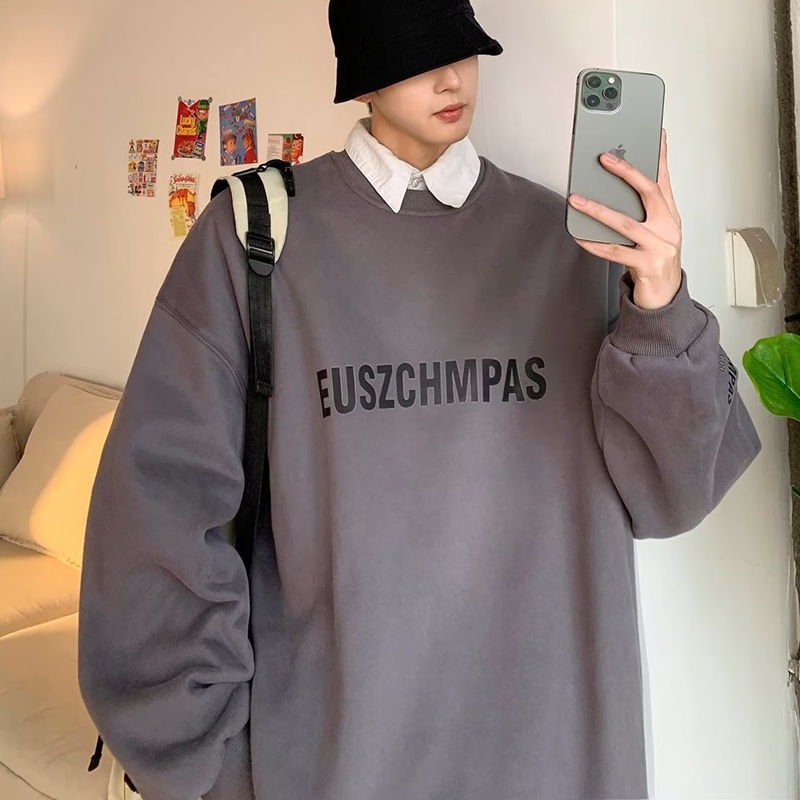 Áo Nỉ Cổ Tròn Dáng Rộng In Chữ Đơn Giản Thời Trang Thu Đông Hàn Quốc Cho Nam Cỡ M-5XL