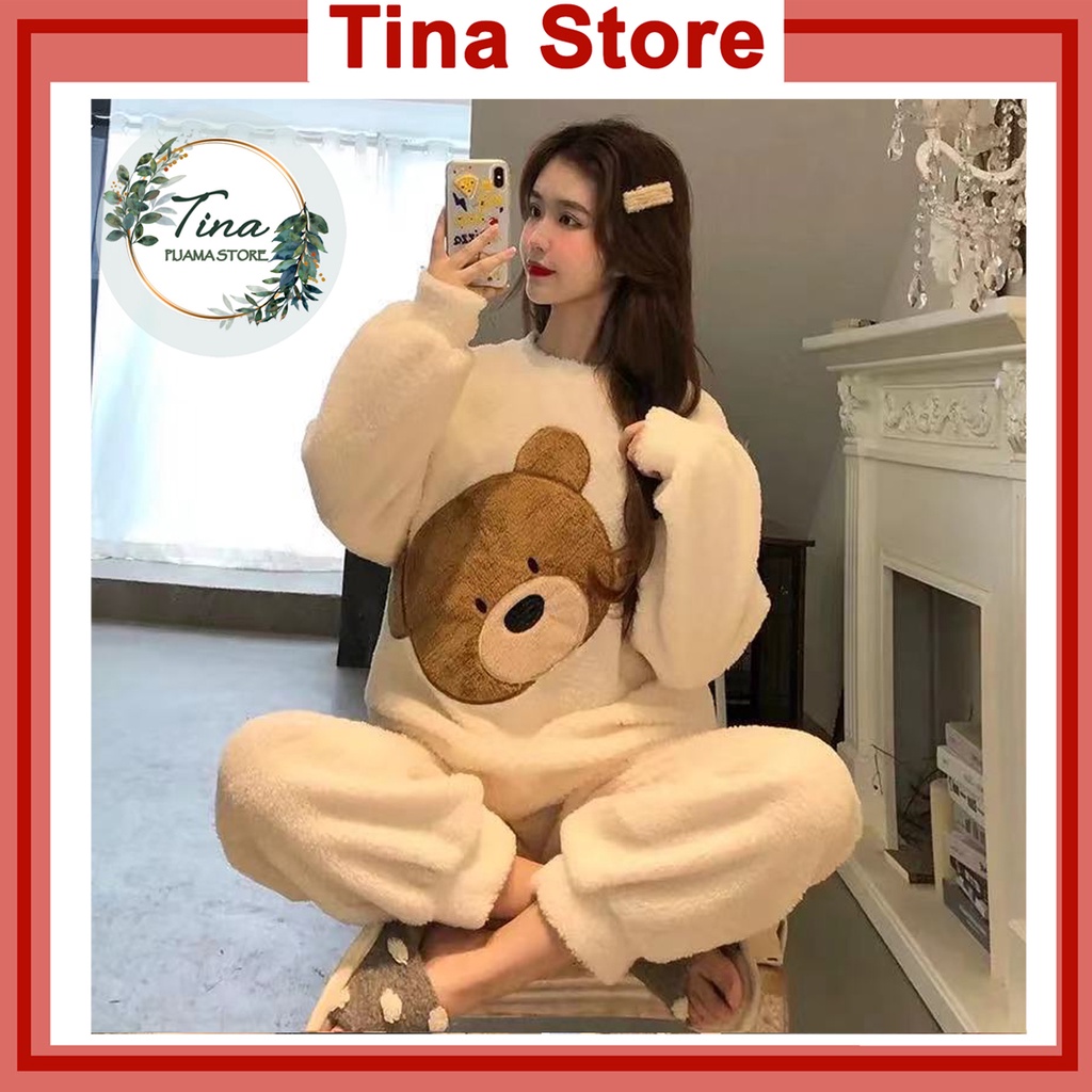 Đồ ngủ nữ mùa đông bộ đồ ngủ lông cừu nữ Tina ấm áp dễ thương