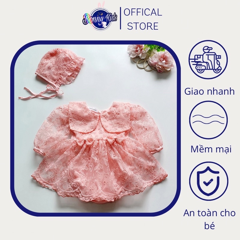 Bodysuit Dài Tay Ren Hồng Hai Nơ Cho Bé Gái Đầy Tháng, Thôi Nôi