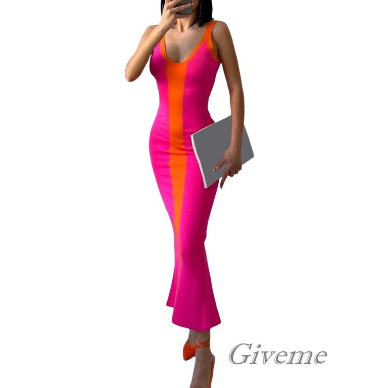 Đầm Midi Dệt Kim Sát Nách Cổ Chữ V Màu Sắc Tương Phản Thời Trang Cho Nữ