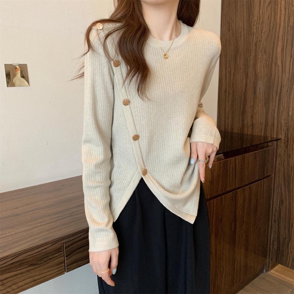 Áo nữ dệt kim ZHELIHANGFEI tay dài dáng rộng tà xẻ độc đáo dễ phối đồ